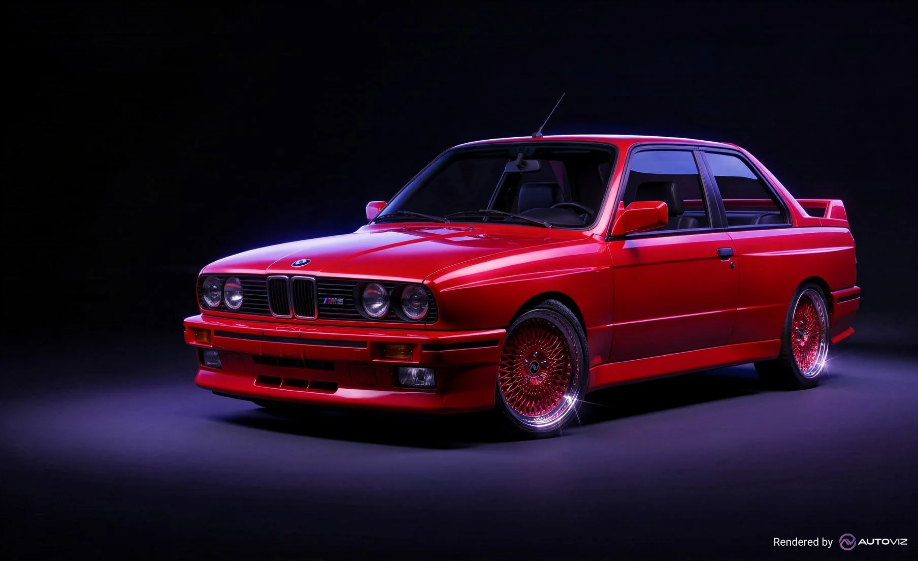 The same car rendered by AutoViz on deep-red wire wheels